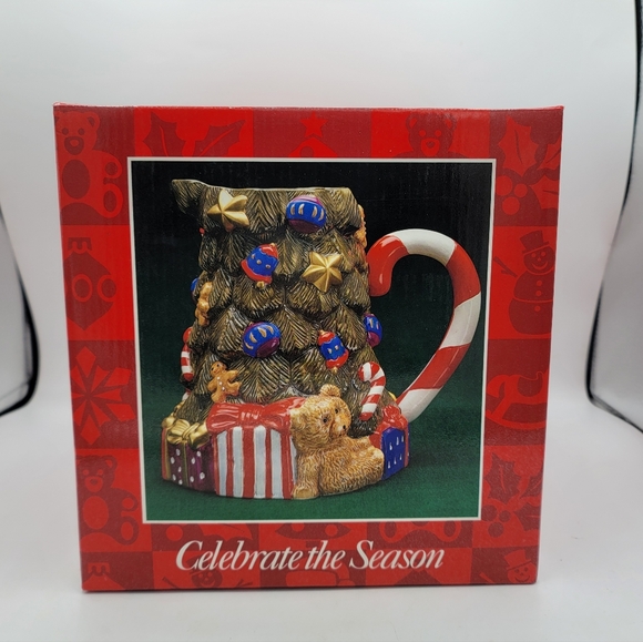 1995 Christmas Tree Pitcher Ceramic Holiday Jug Celebrate the Season w Box Vtg - Picture 10 of 10